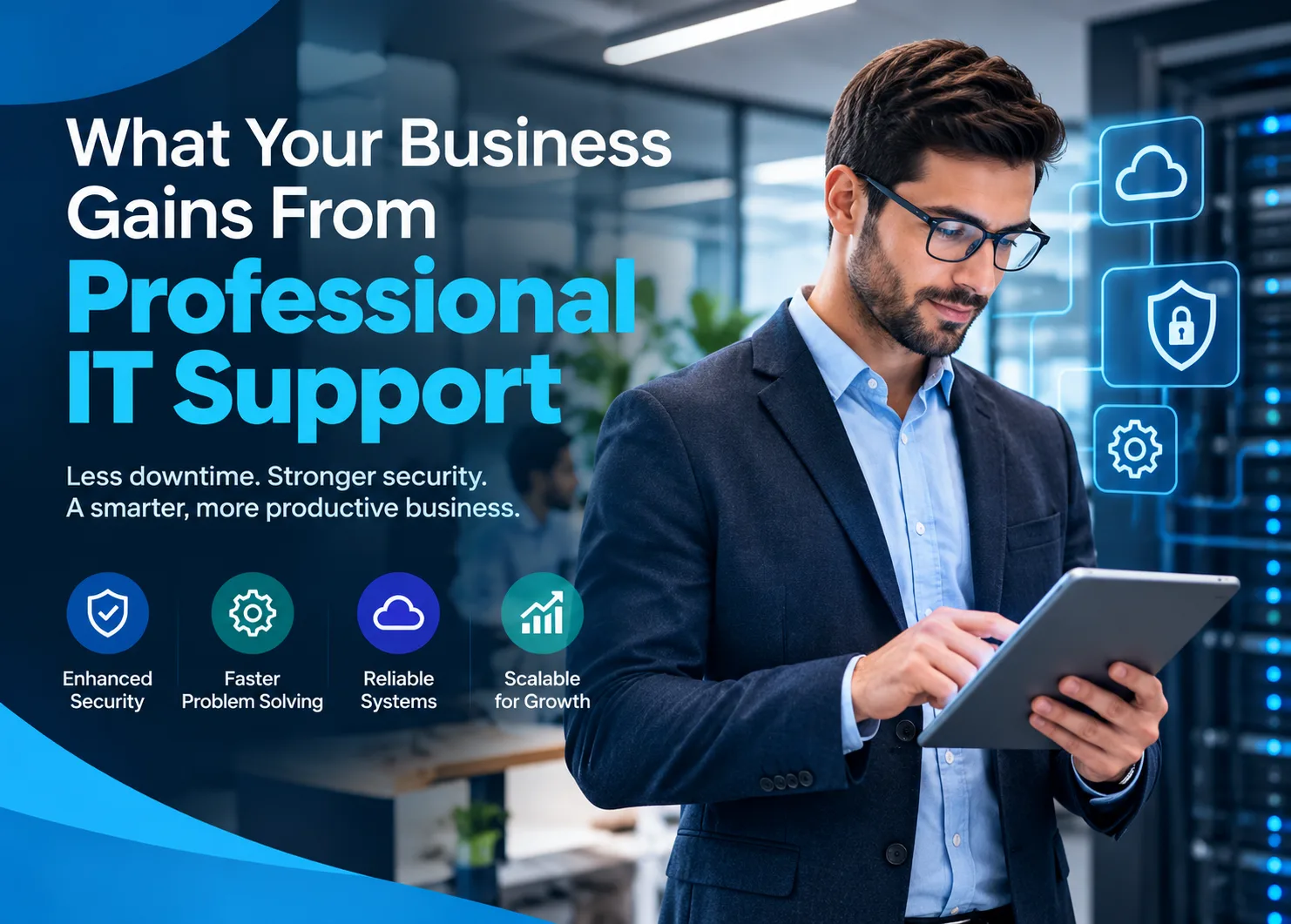Professional IT support banner featuring a business professional using a tablet in a modern technology environment, with cloud, security, and settings icons. The design highlights enhanced security, faster problem solving, reliable systems, and scalable technology for business growth.